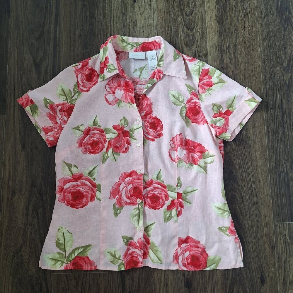 ๐ Liz Claiborne 100% Linen Rose Print Preppy Blouse Size 10 - Picture 8 of 8